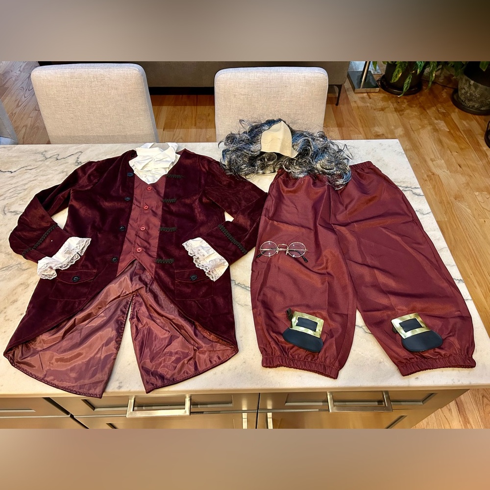 Kids Burgundy Costume Set with Wig, Glasses and buckle shoe covers.  Youth S/M